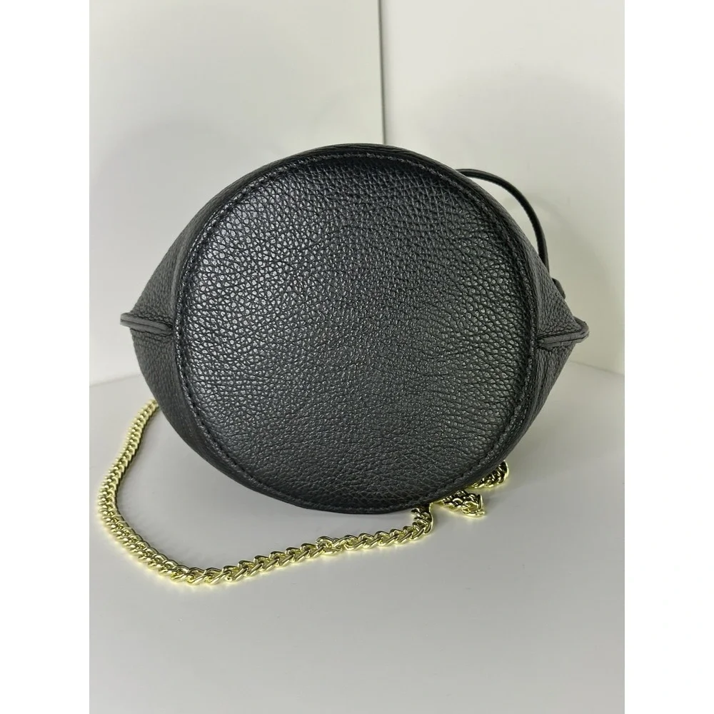 Anna Paola, Bucket Bag Black Pebbled Leather Drawstring Gold Chain Made In Italy